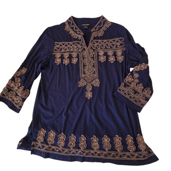 Lauren Michelle Womens Navy Blue Braided Trim Pullover Tunic Blouse Large - Picture 5 of 12